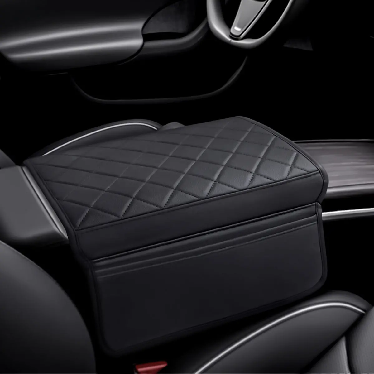 Diamond-Pattern Leather Center Armrest Cover With Pockets For Tesla Model S/X 2021+ 1