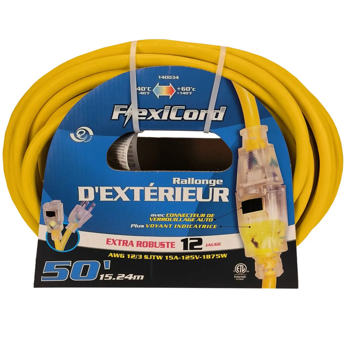 Toolway 140034 Extension Cord 12/3 Sjtw 50 Ft. Yellow Single Tap W/Lock 1