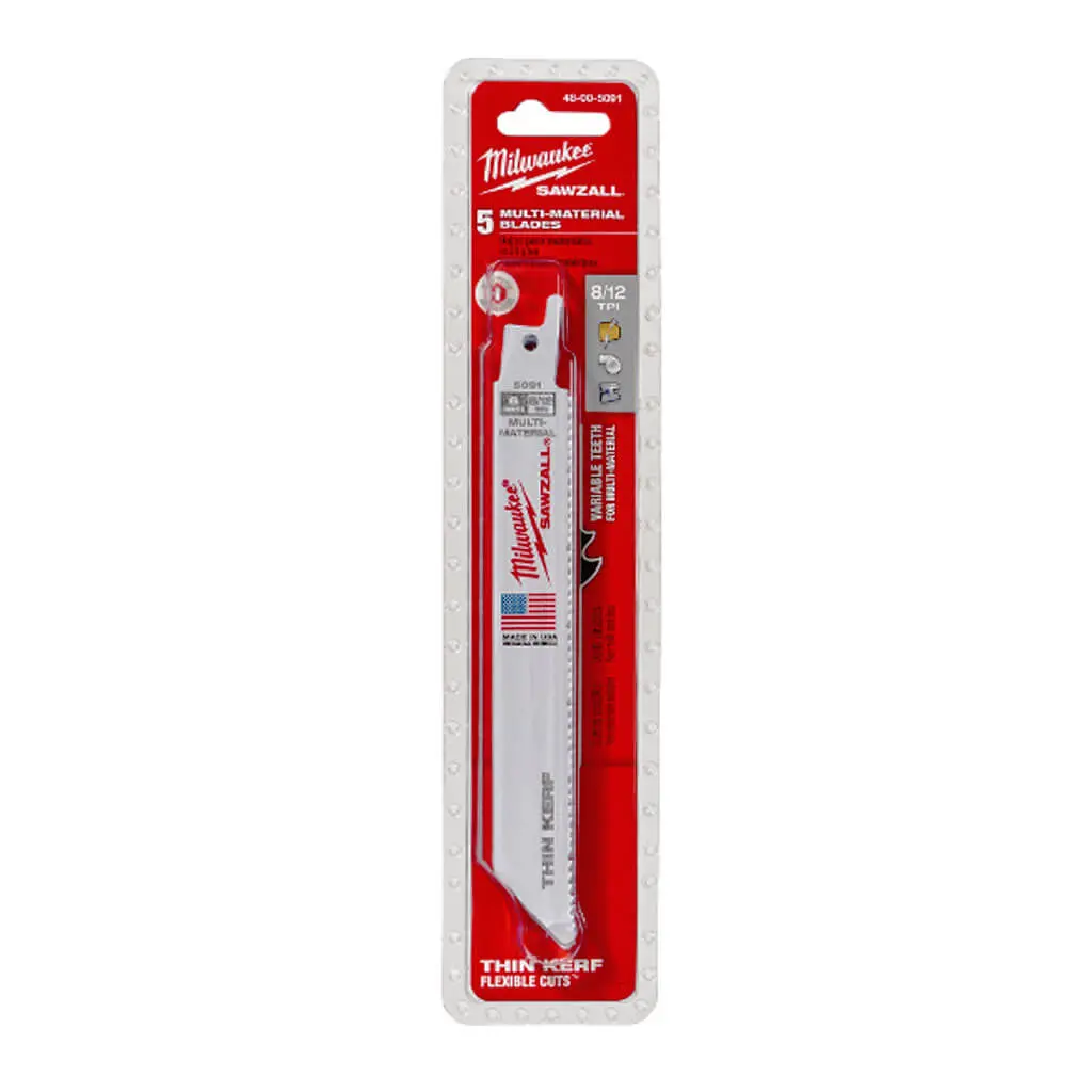 Milwaukee 48-00-5091 6 In. 8/12 Tpi Sawzall Standard Multi Material Reciprocating Saw Blade (5-Pack) 1