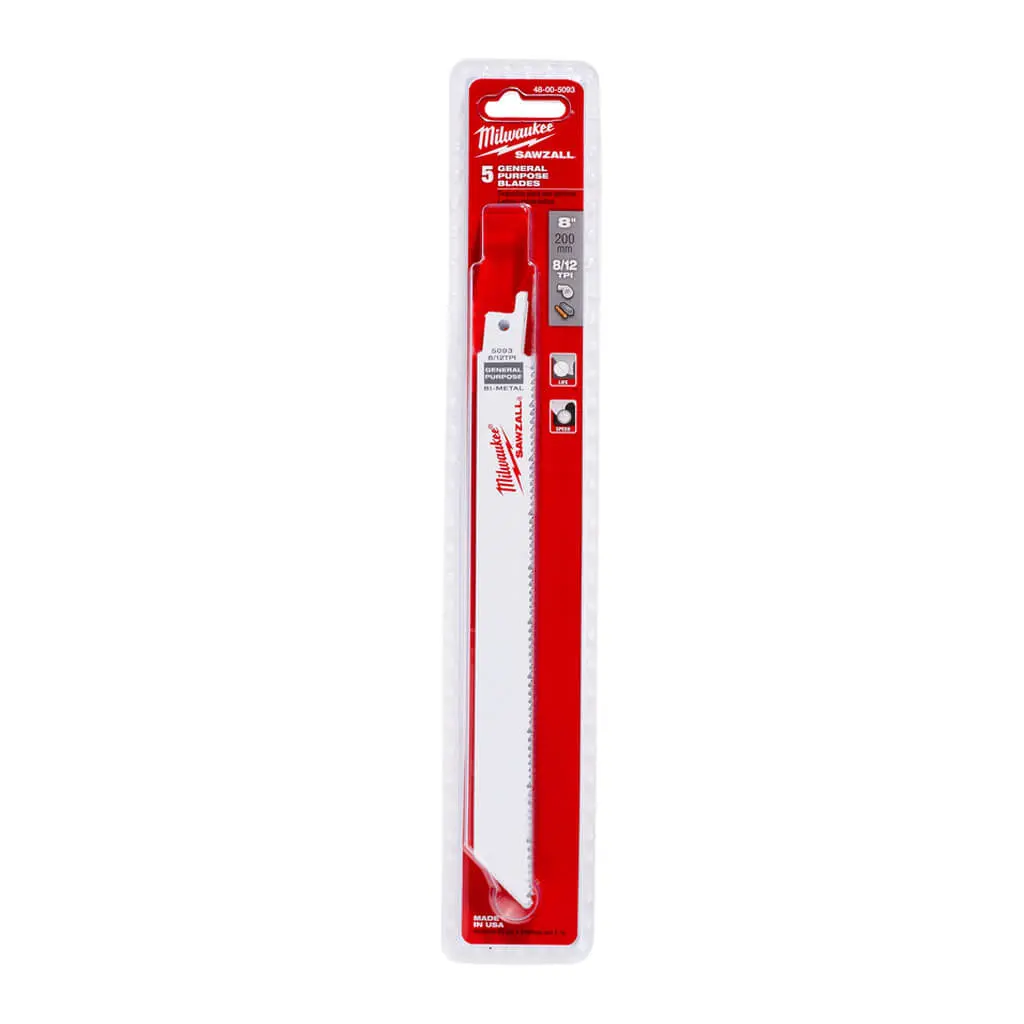 Milwaukee 48-00-5093 8 In. 8/12 Tpi Sawzall Standard Multi Material Reciprocating Saw Blade (5-Pack) 1