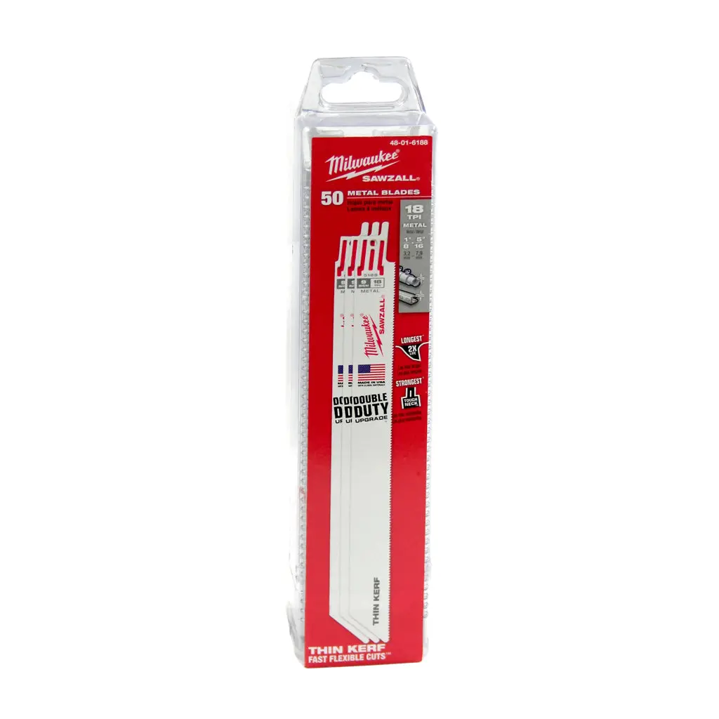 Milwaukee 48-01-6188 9 In. 18 Tpi Sawzall Standard Metal Reciprocating Saw Blade (50-Pack) 1