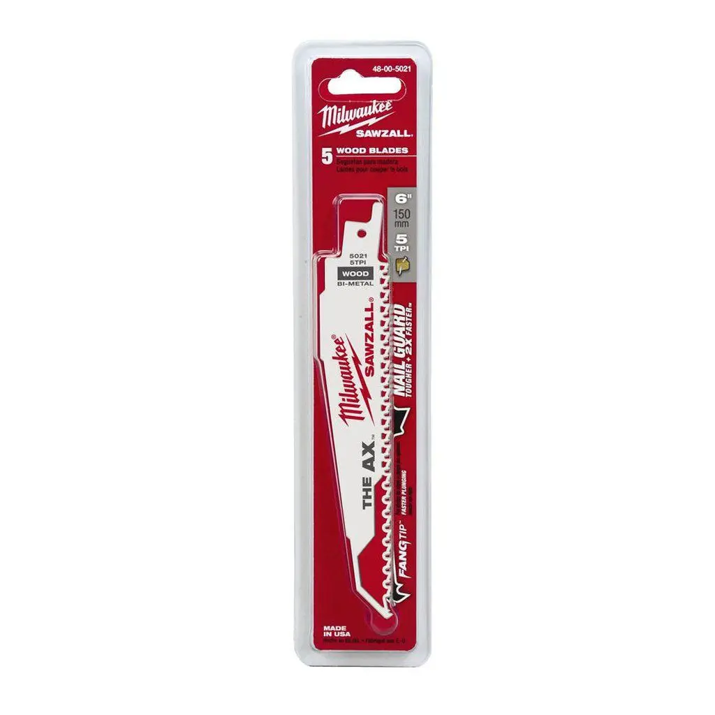 Milwaukee 48-00-5021 6 In. 5 Tpi Sawzall Ax Nail Embedded Wood Reciprocating Saw Blade (5-Pack) 1