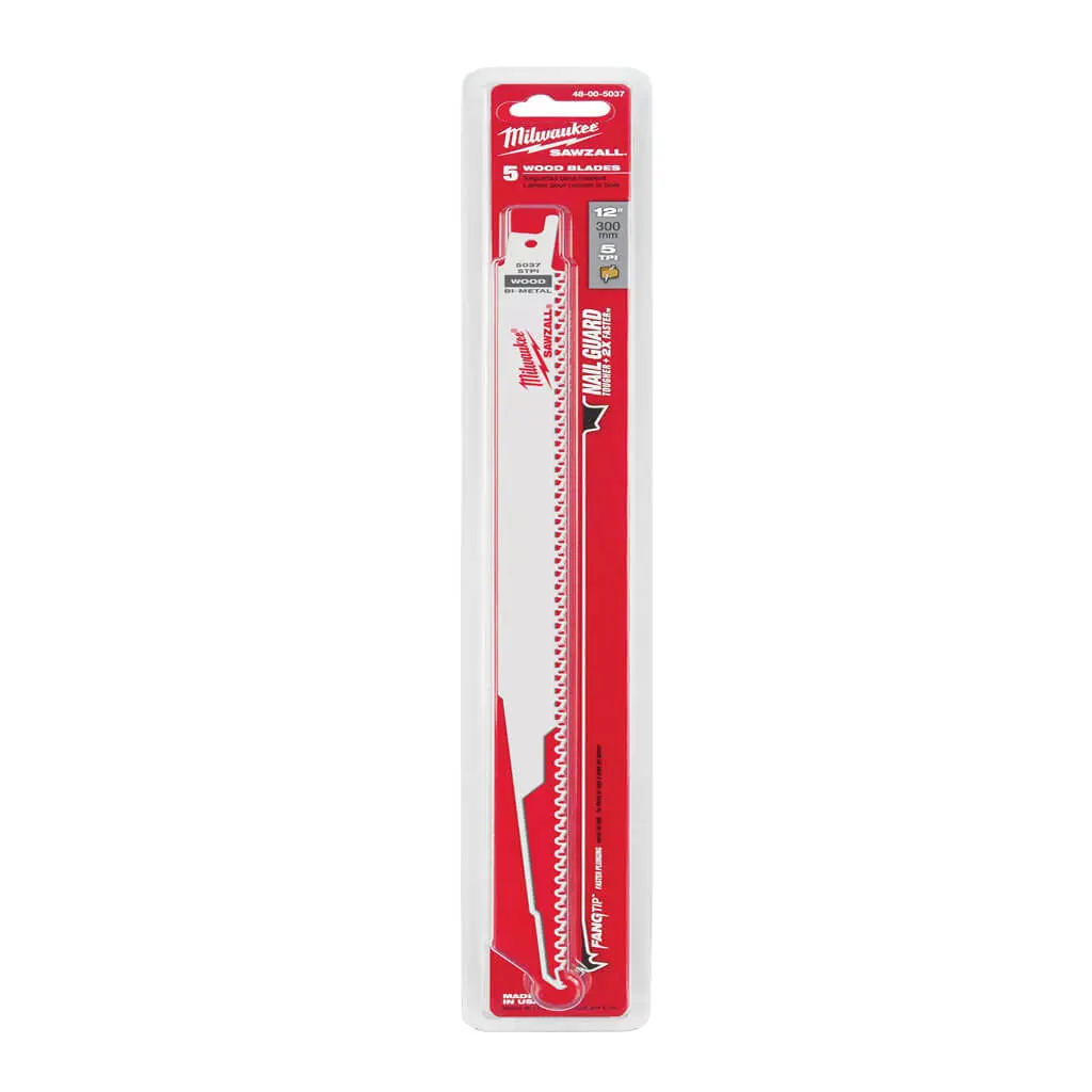 Milwaukee 48-00-5037 12 In. 5 Tpi Sawzall Nail Embedded Wood Reciprocating Saw Blade (5-Pack) 1