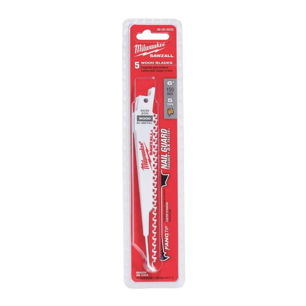 Milwaukee 48-00-5035 6 In. 5 Tpi Sawzall Nail Embedded Wood Reciprocating Saw Blade (5-Pack) 1