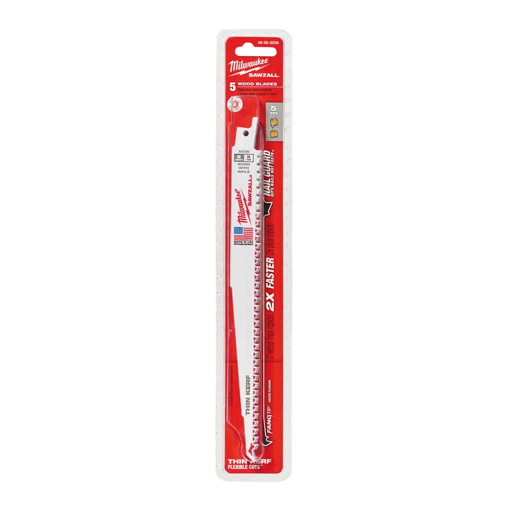 Milwaukee 48-00-5036 9 In. 5 Tpi Sawzall Nail Embedded Wood Reciprocating Saw Blade (5-Pack) 1