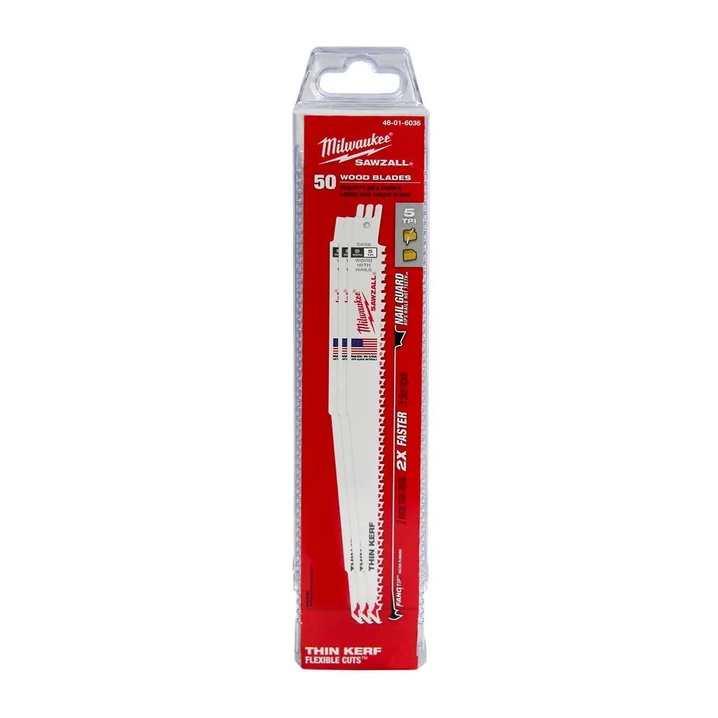 Milwaukee 48-01-6036 9 In. 5 Tpi Sawzall Nail Embedded Wood Reciprocating Saw Blade (50-Pack) 1