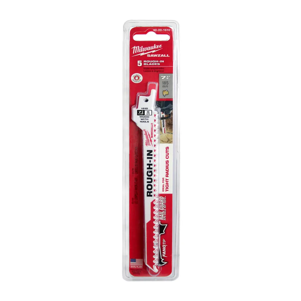 Milwaukee 48-00-1610 7-3/8 In. 5 Tpi Sawzall Rough-In Reciprocating Saw Blade (5-Pack) 1