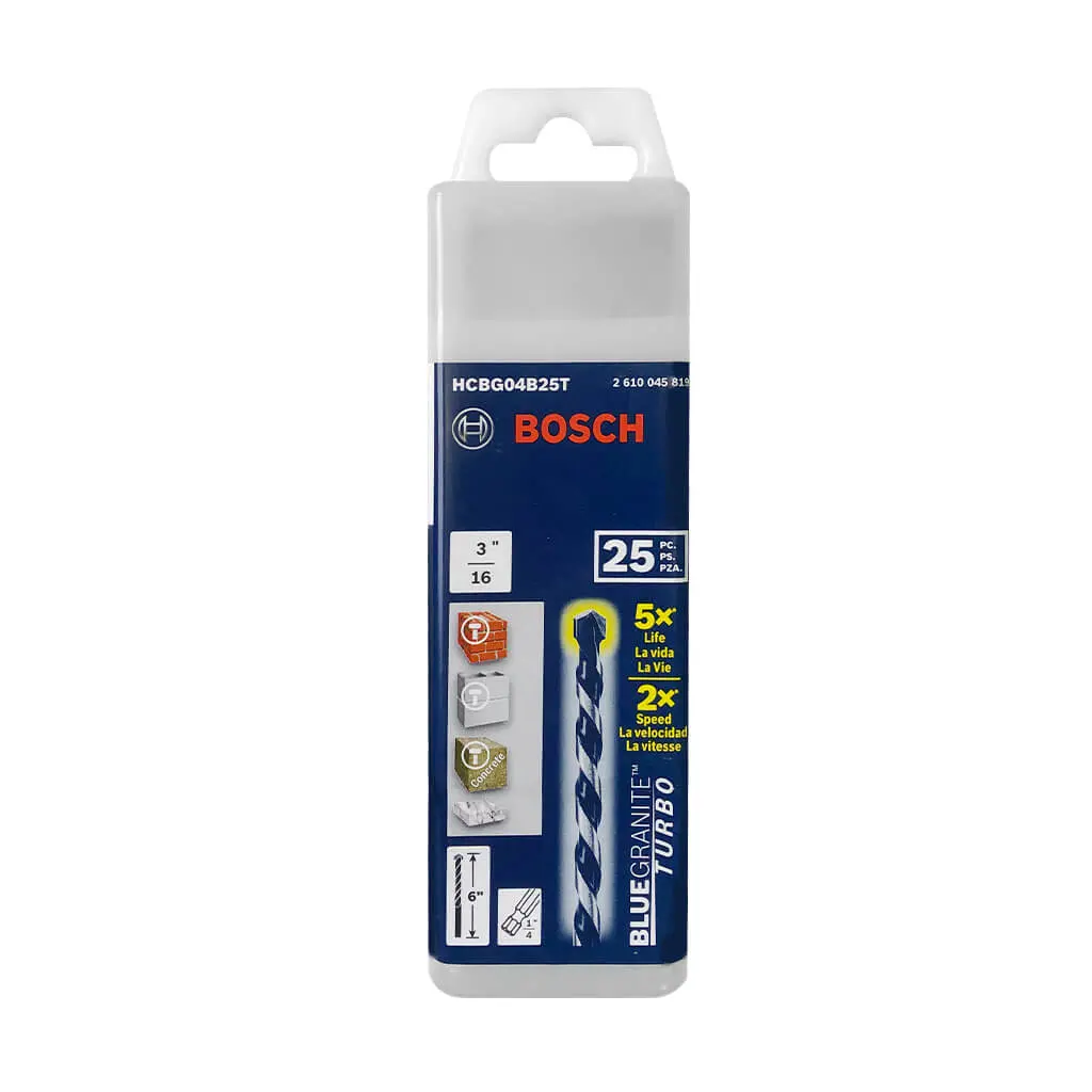 Bosch Hcbg04b25t 3/16 In. X 4 In. X 6 In. Bluegranite Turbo Carbide 4-Cutter Masonry Hammer Hex Shank Drill Bit (25-Pack) 1