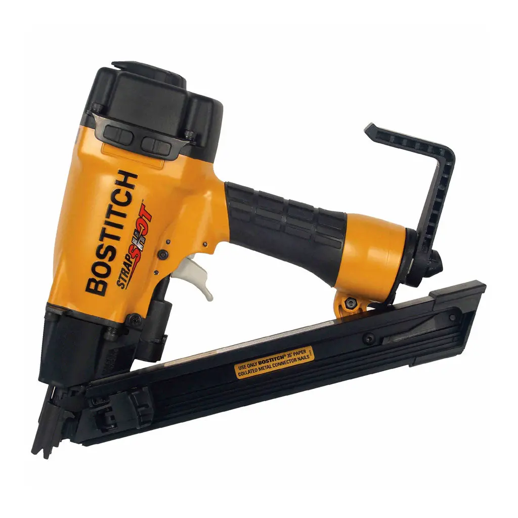 Bostitch Mcn150 1-1/2 In. 35-Degree Pneumatic Strapshot Metal Connector Paper Tape Nailer With Rafter Hook 1