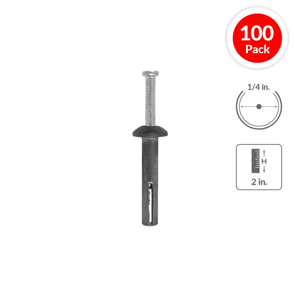 Dewalt Powers 02826 1/4 In. X 2 In. Zamac Nailin Mushroom Head Carbon Steel Nail Anchor (100-Pack) 1