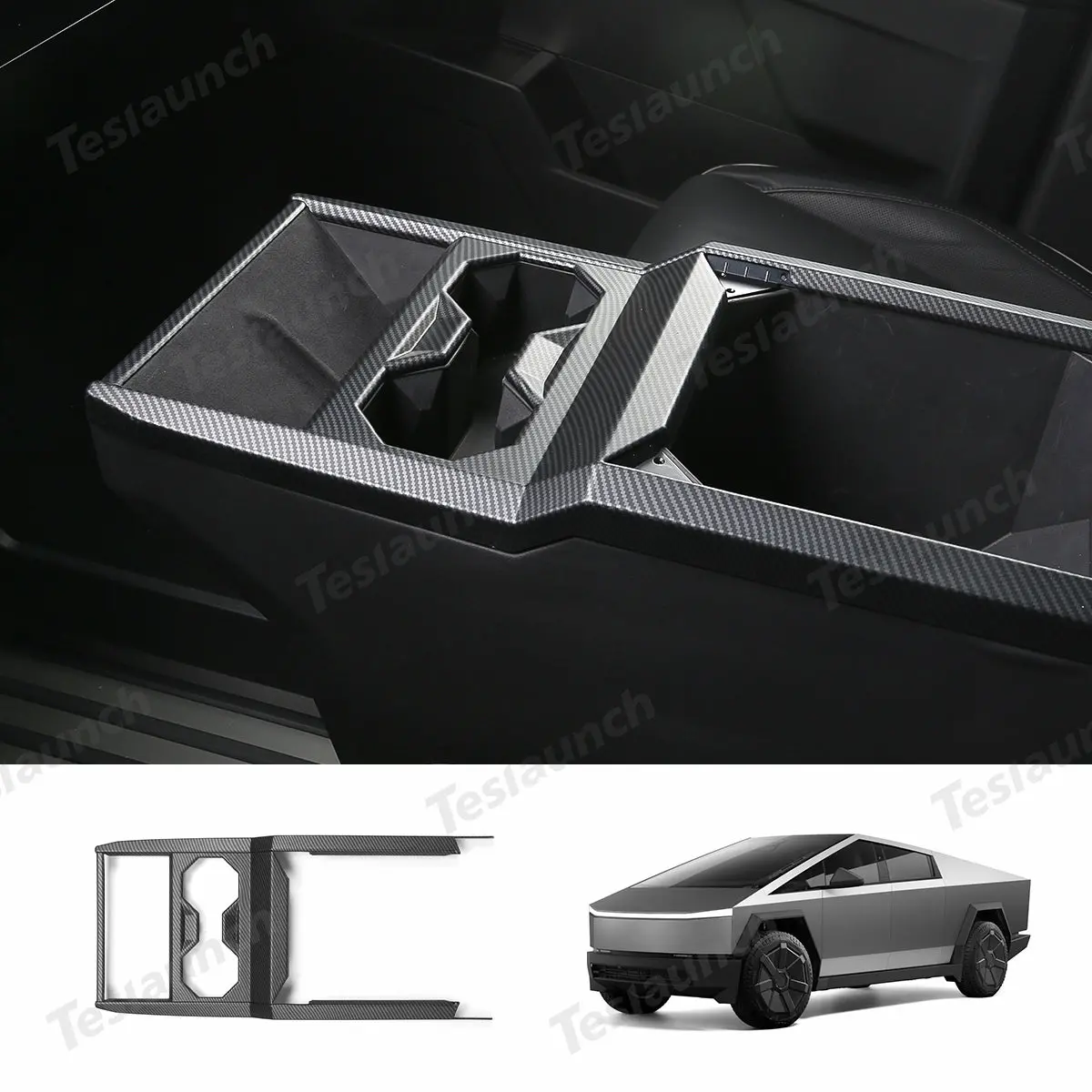 Center Console Cup Holder Panel Trim Cover (Carbon Fiber Pattern Abs) For Cybertruck 1