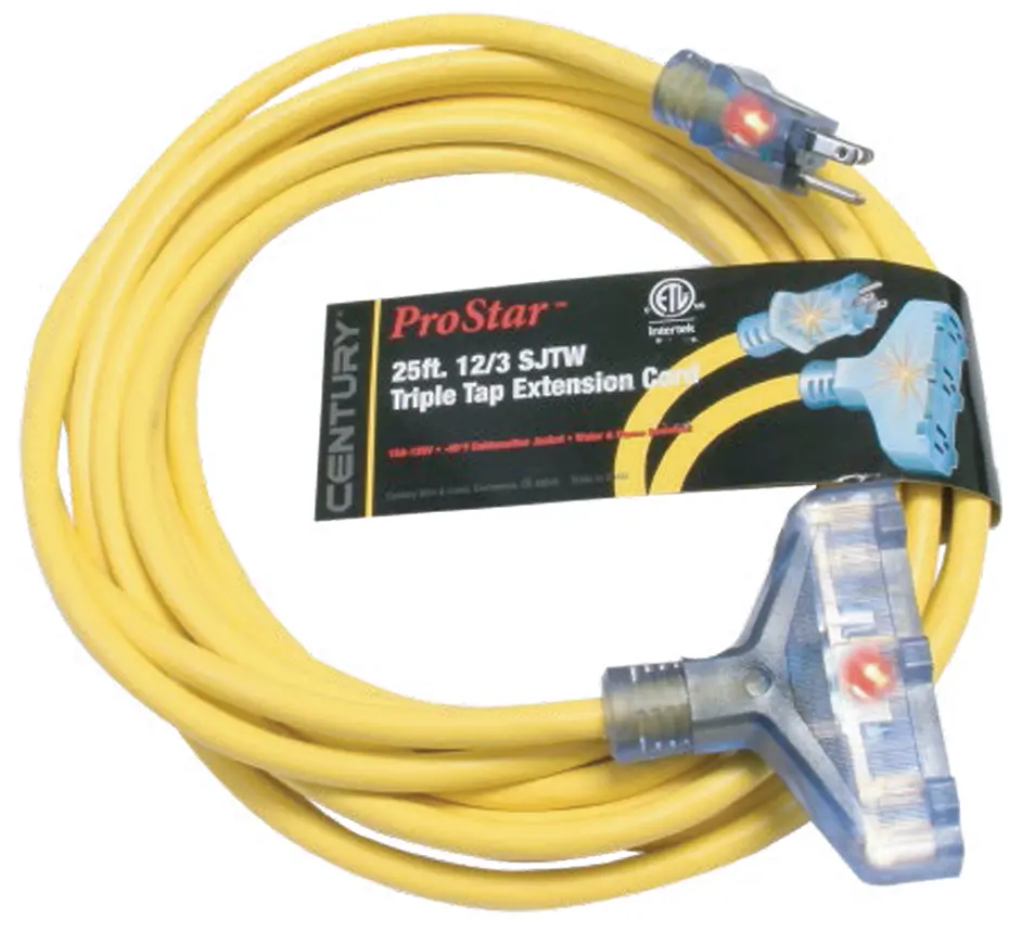 Century D13212025yl Extention Cord 12/3 Sjtw Triple Tap Yellow 1