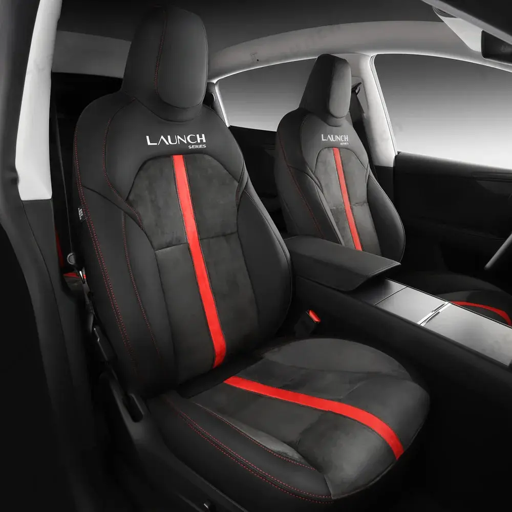 Alcantara All-Inclusive Seat Covers For Tesla Model 3 (2018-2025+) / Model Y (2021-2025+) (Luxury Red Stitching Design) 1
