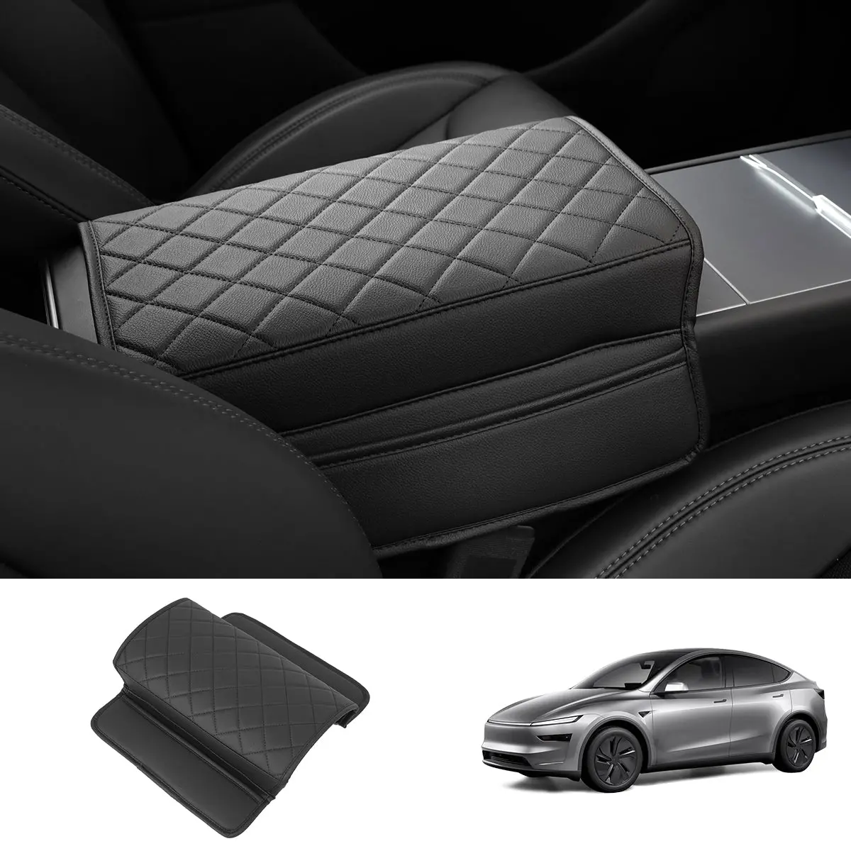 Leather Center Armrest Cover With Side Pockets For Tesla Model Y Juniper 2025+ 1