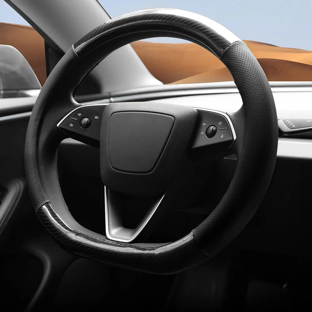 D-Shaped Carbon Pattern Leather Steering Wheel Cover For Tesla Model 3 Highland 2024+ 1