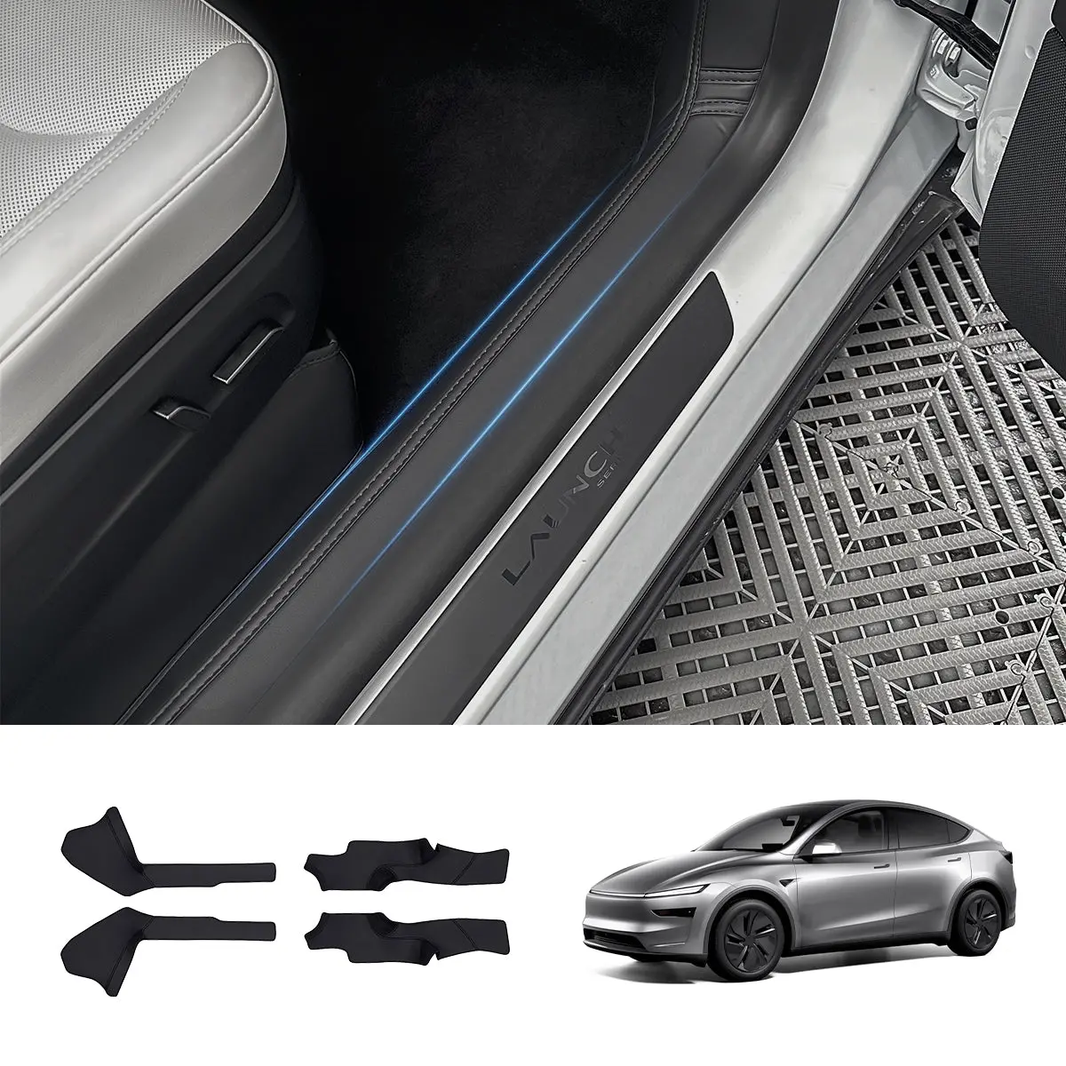Napa Leather Door Sill Protectors 4-Piece Set – Full Coverage For Tesla Model Y Juniper 2025+ 1