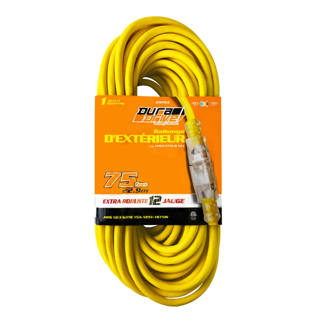 Duradrive 75 Ft. 12/3 Sjtw Lighted Single Tap Power Extension Cord 1