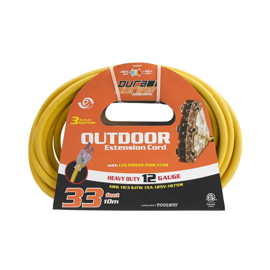 Duradrive 33 Ft. 12/3 Sjtw Lighted Triple Tap Outdoor Extension Cord 1