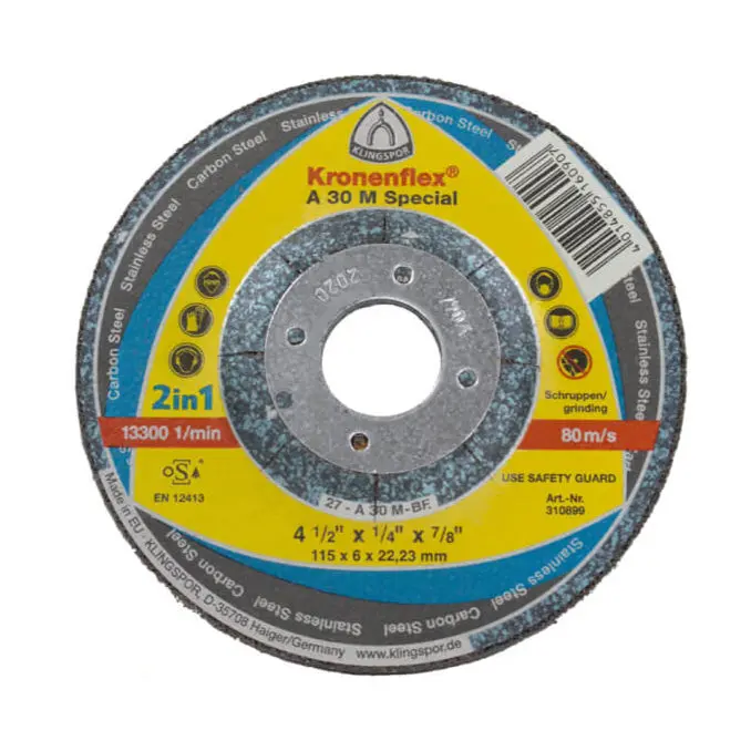 Klingspor 310899 A 30 M Special 4-1/2 In. X 1/4 In. X 7/8 In. Kronenflex Depressed Centre Grinding Disc For Stainless Steel And Steel 1