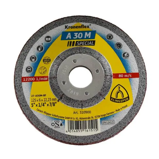 Klingspor 310900 A 30 M Special 5 In. X 1/4 In. X 7/8 In. Kronenflex Depressed Centre Grinding Disc For Stainless Steel And Steel 1