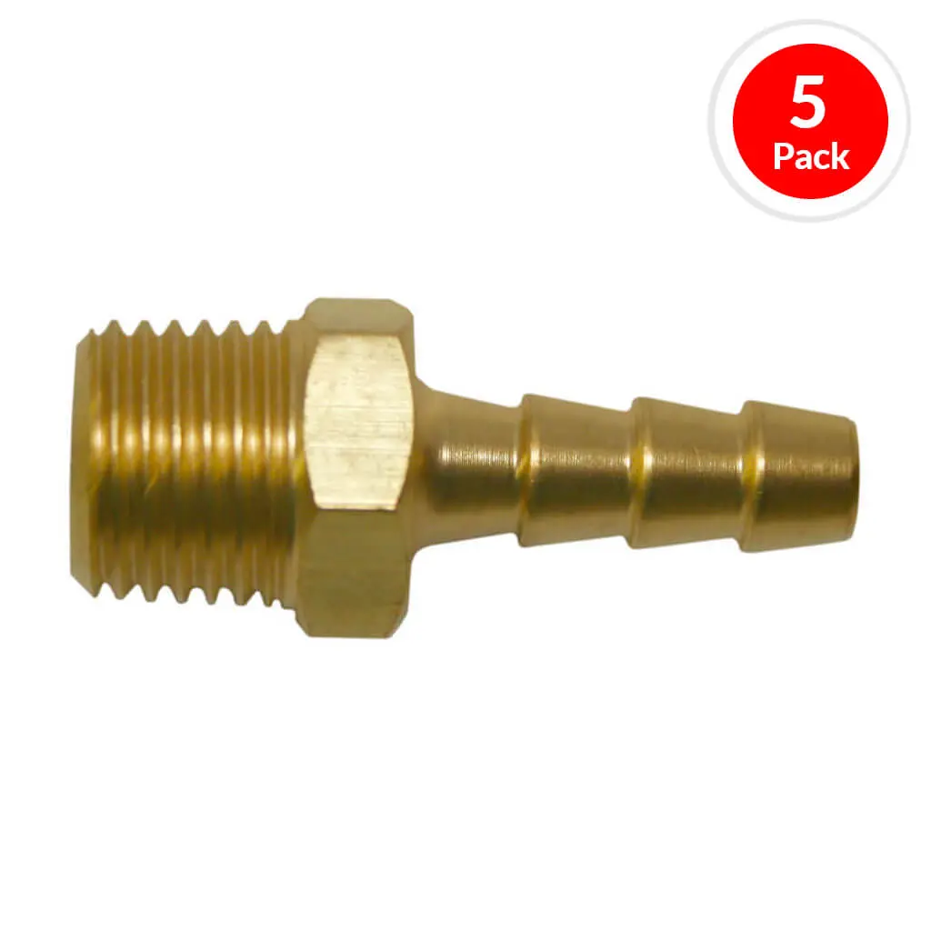 Duradrive P1825 1/4 In. X 1/4 In. Male Brass Barbed Connector Coupler Air Hose Fitting (5-Pack) 1