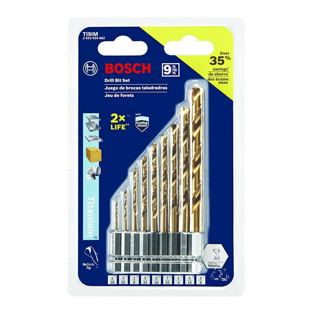 Bosch Ti9im 1/16 In. To 3/8 In. Impact Tough Titanium High-Carbon Steel And Light-Gauge Metal Drill Bit Set (9-Piece) 1