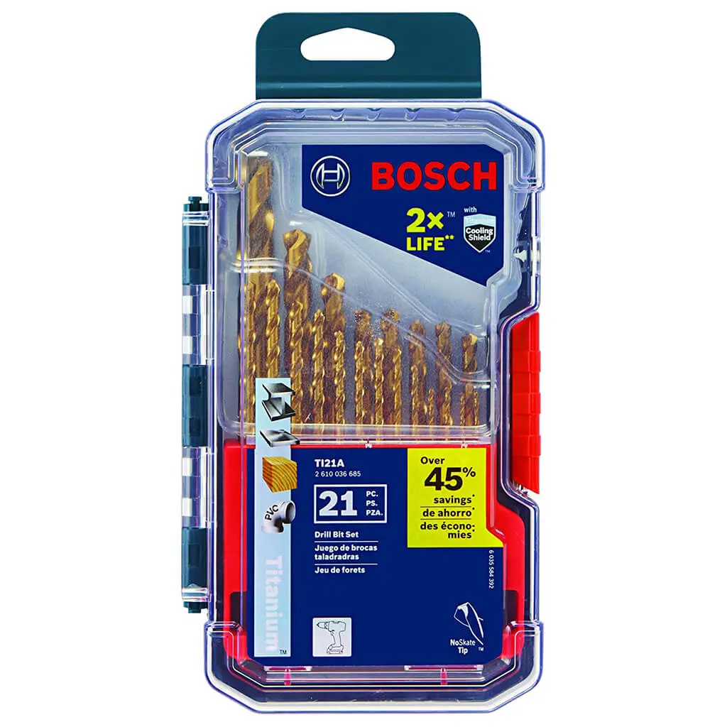 Bosch Ti21a 1/16 In. To 1/2 In. Titanium-Coated High-Carbon Steel And Light-Gauge Metal Drill Bit Set (21-Piece) 1