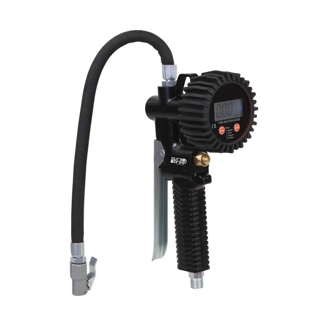 Duradrive Digital Tire Inflator Gauge Air Hose Fitting For Cars With 12 In. Flexible Hose & Straight 1