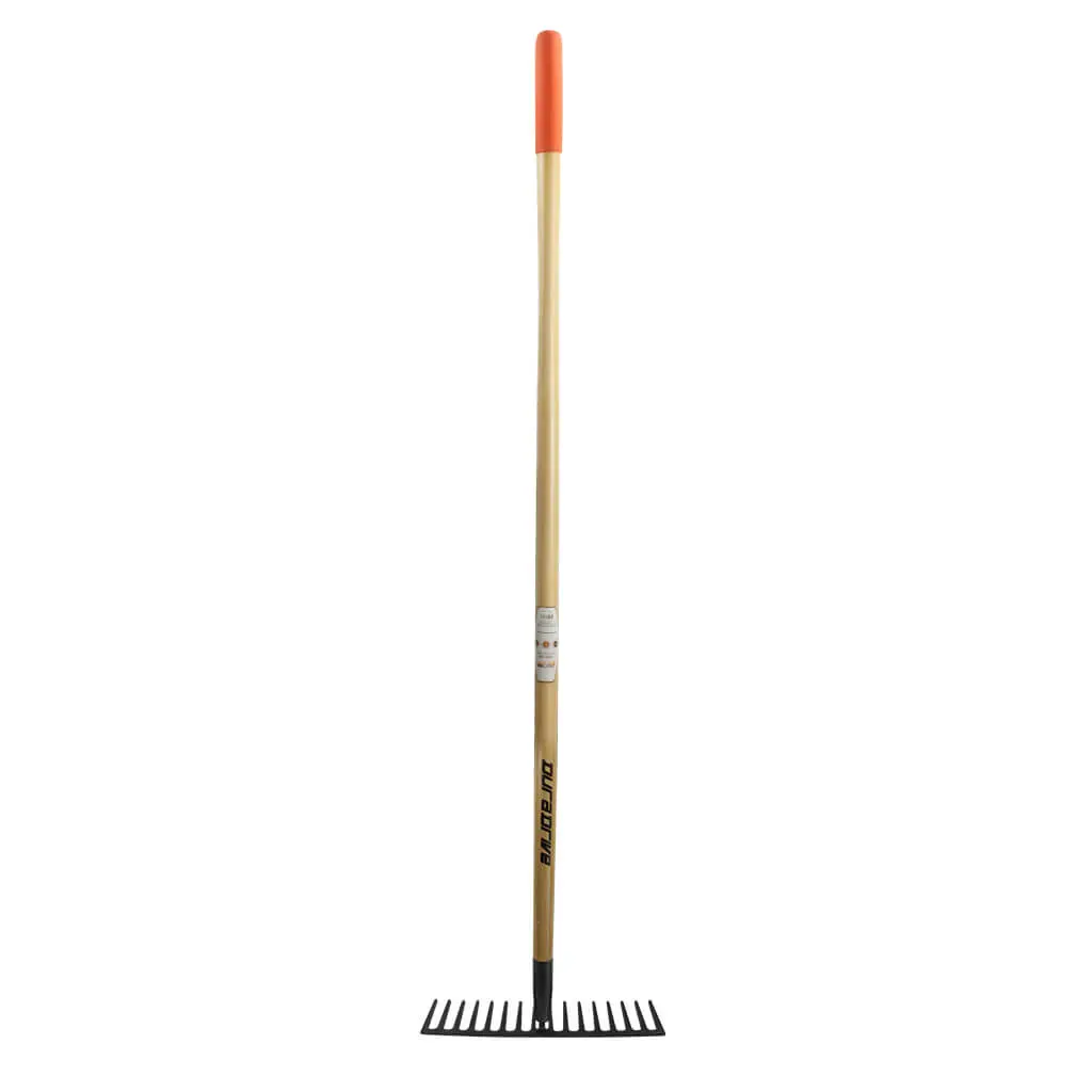 Duradrive 55 In. 16-Tine Pine Wood Handle Forged Steel Head Stone Rake 1