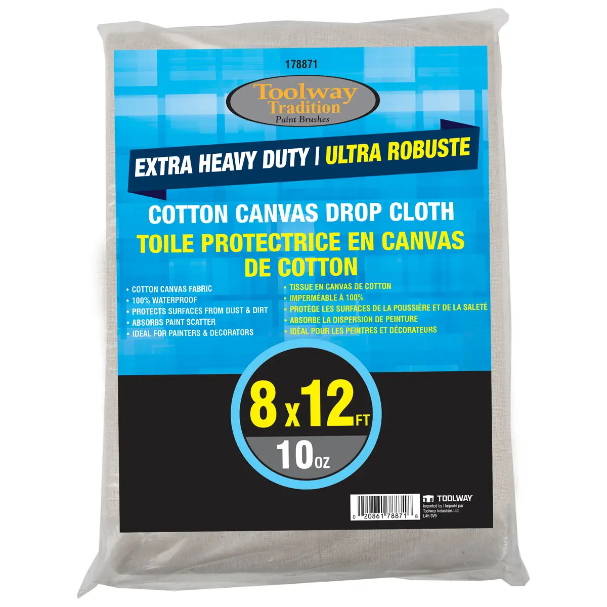Toolway 178871 Drop Cloth Canvas 8'X12' 10Oz 1