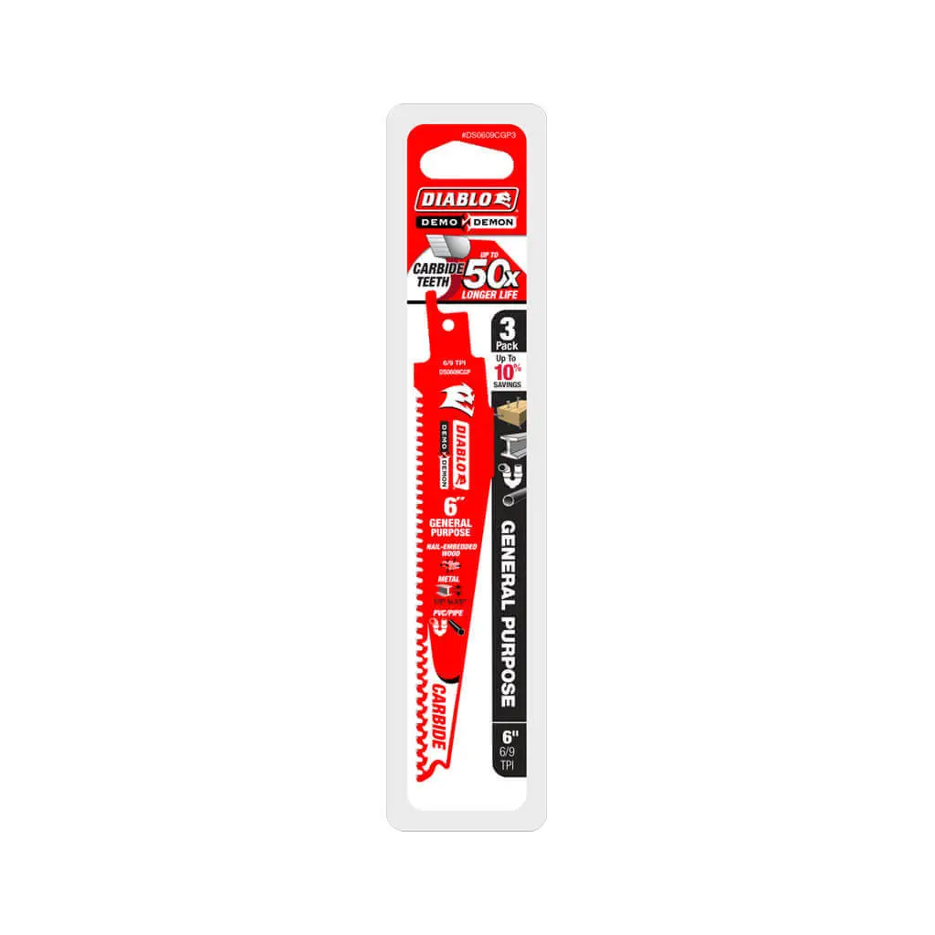 Freud Diablo Ds0609cgp3 Demo Demon 6 In. 6/9-Tpi Carbide-Tipped General Purpose Reciprocating Saw Blade (3-Pack) 1