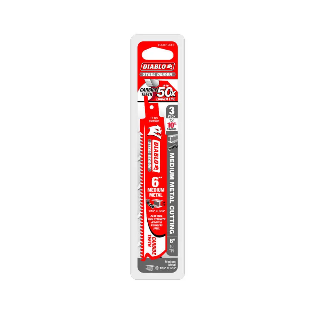 Freud Diablo Ds0610cf3 Steel Demon 6 In. 10-Tpi Carbide-Tipped Medium Metal Cutting Reciprocating Saw Blade (3-Pack) 1