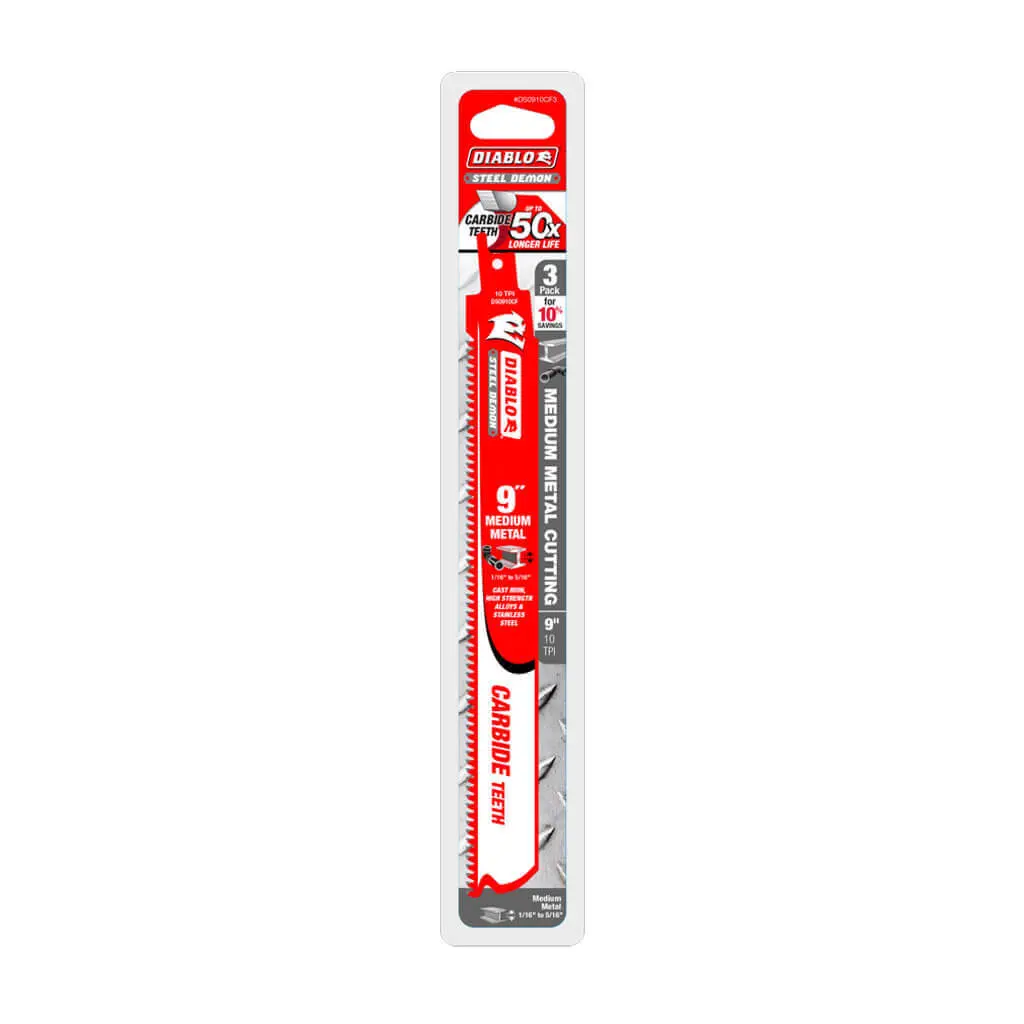 Freud Diablo Ds0910cf3 Steel Demon 9 In. 10-Tpi Carbide-Tipped Medium Metal Cutting Reciprocating Saw Blade (3-Pack) 1