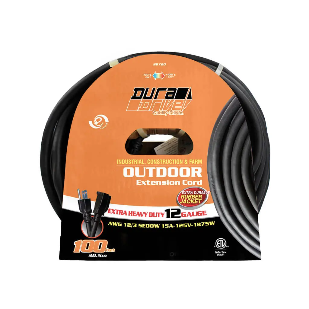 Duradrive 100 Ft. 12/3 Seoow Single Tap Extension Cord 1