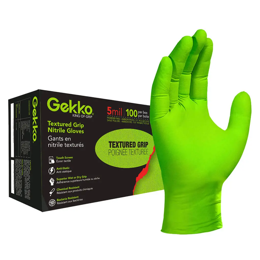 Gekko 5 Mil Textured Grip Rolled Cuff Disposable Nitrile Glove (100-Pack) 1
