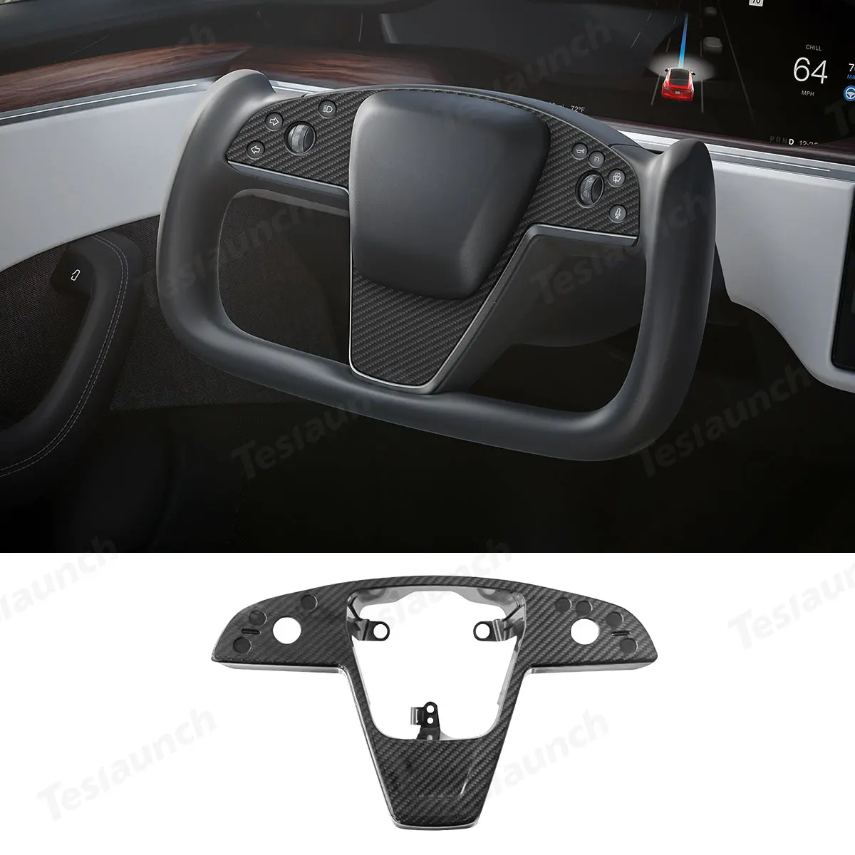 [Real Carbon Fiber] Yoke Steering Wheel Cover Replacement Overlay Plate Panel For Model S/X (2021+) 1