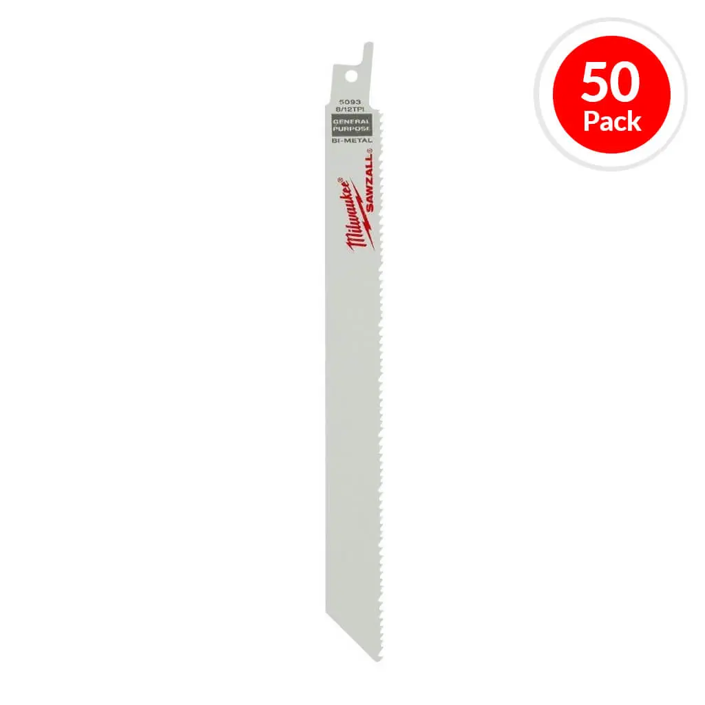 Milwaukee 48-01-6093 8 In. 8/12 Tpi Sawzall Standard Multi Material Reciprocating Saw Blade (50-Pack) 1
