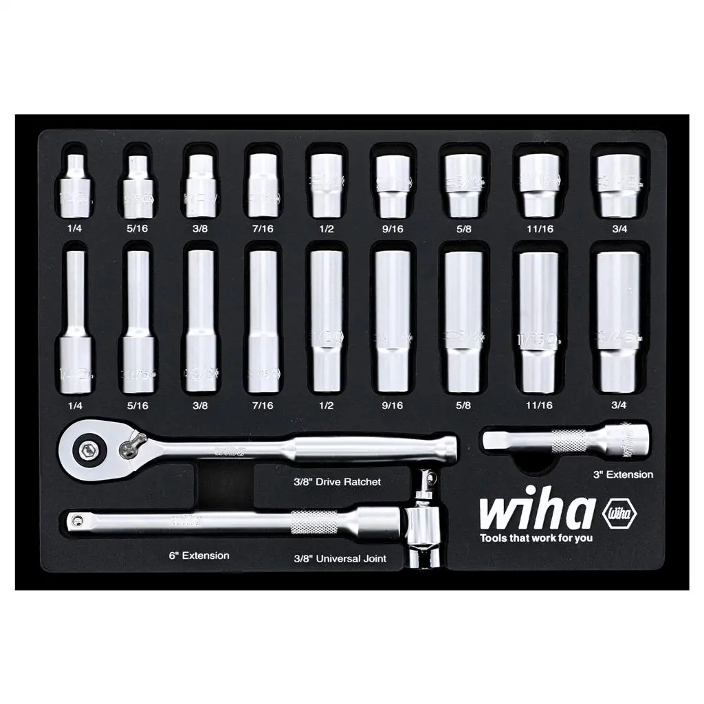 Wiha 33796 Sae 3/8 In. Drive Professional Standard And Deep Socket Set (22-Piece) 1