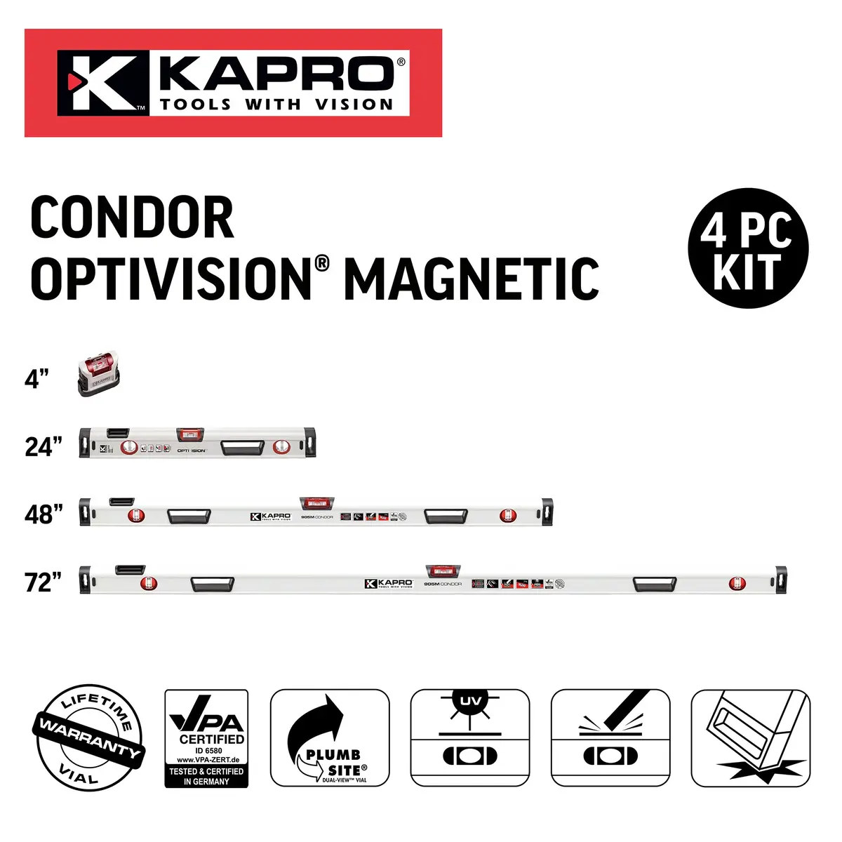 Kapro Optivision Box Level Set (4-Pieces) 4 In. / 24 In. / 48 In. / 72 In. 1