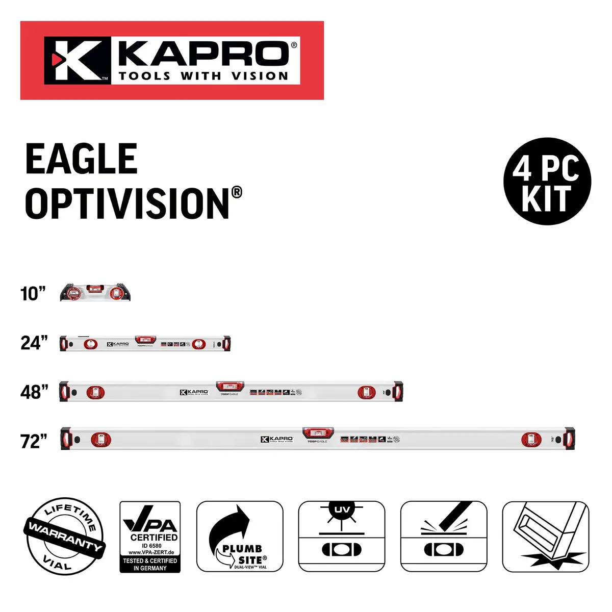 Kapro 10 In. Optivision Torpedo Eagle Box Level, 24 In., 48 In., 72In. 4 Piece Set 1