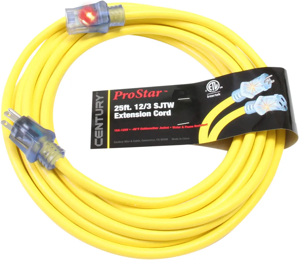 Century D11712025yl Extension Cord 12/3 Sjtw 25' Single Tap 1
