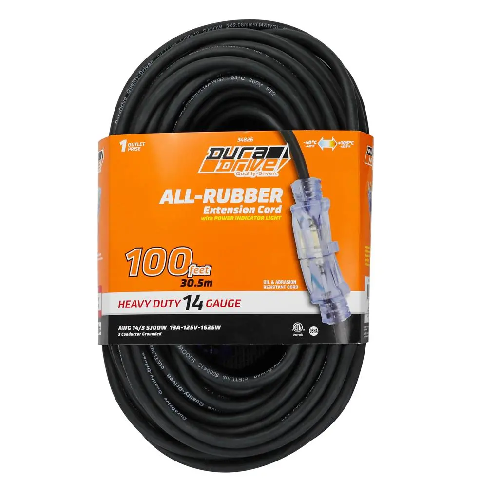 Duradrive 100 Ft 3 Conductors 14 Awg Extension Cord With Lighted Female Plug 1