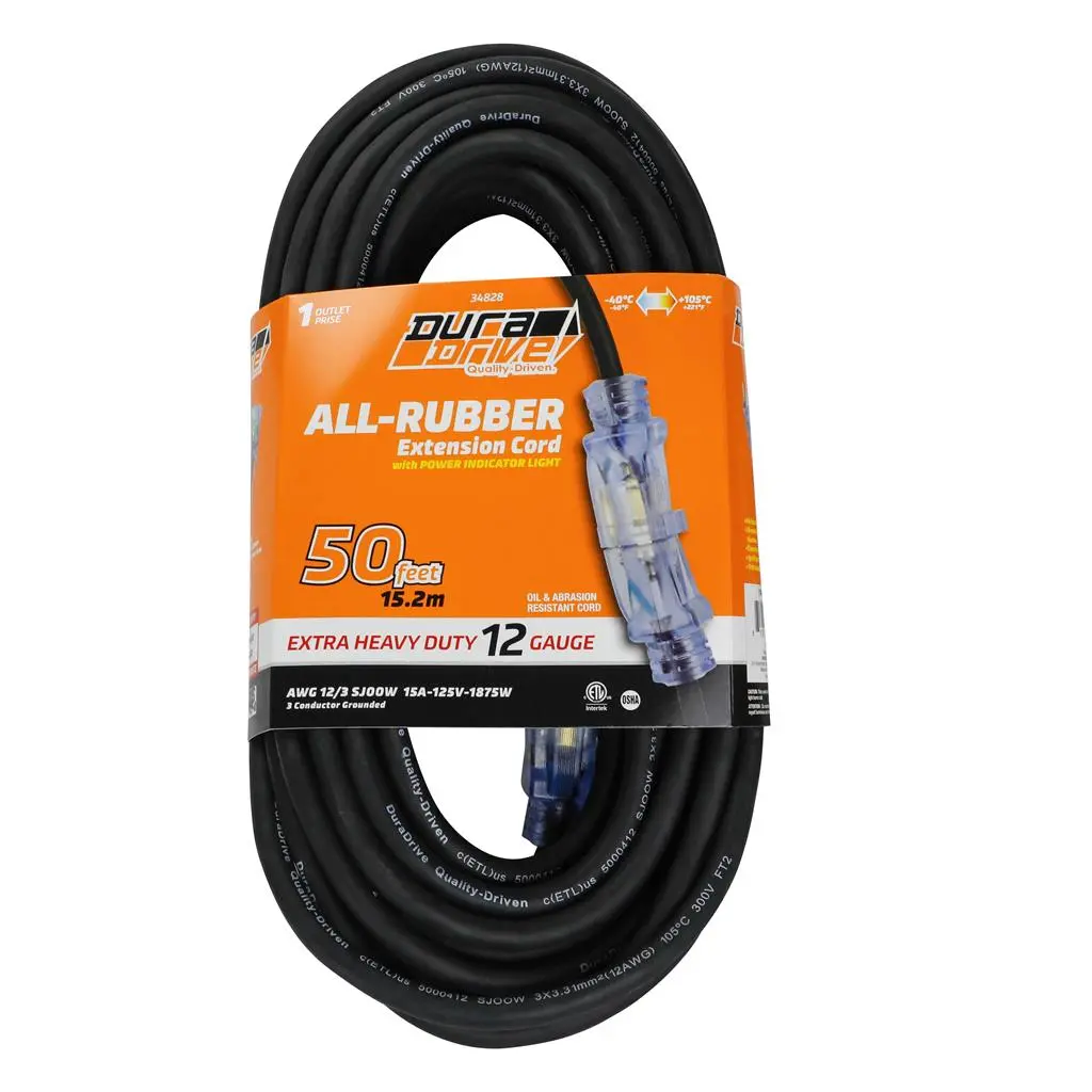 Duradrive 50' 3 Conductors 12 Awg Extension Cord With Lighted Female Plug 1