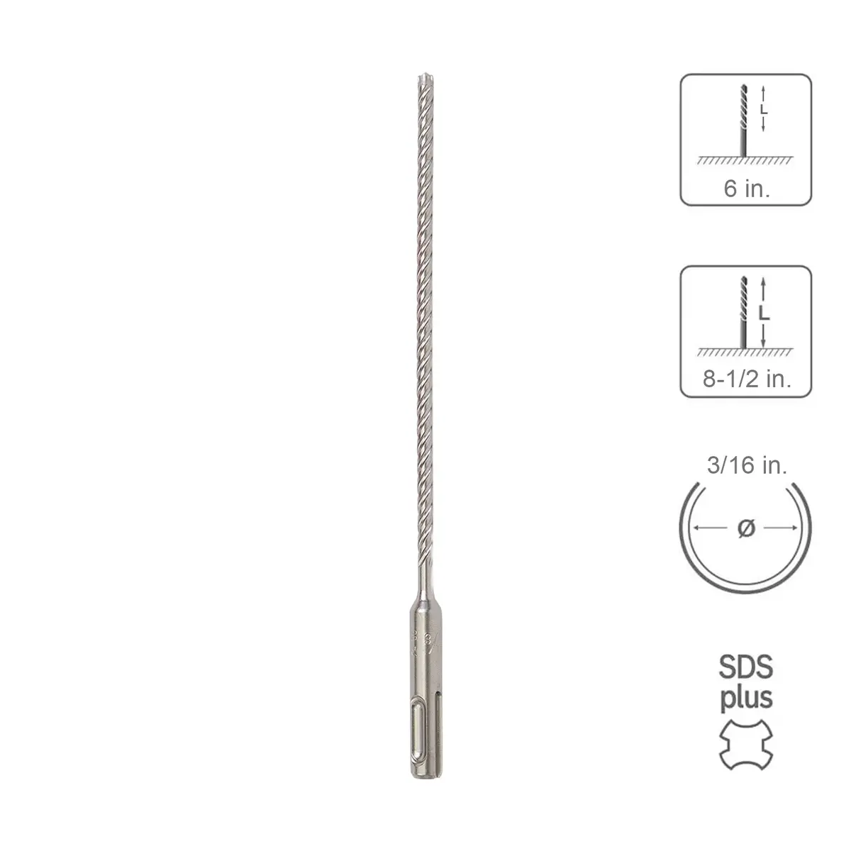 Sabercut 3/16 In. X 6 In. X 8-1/2 In. 4-Cutter Premium Full Head Carbide Sds Plus Drill Bit 1