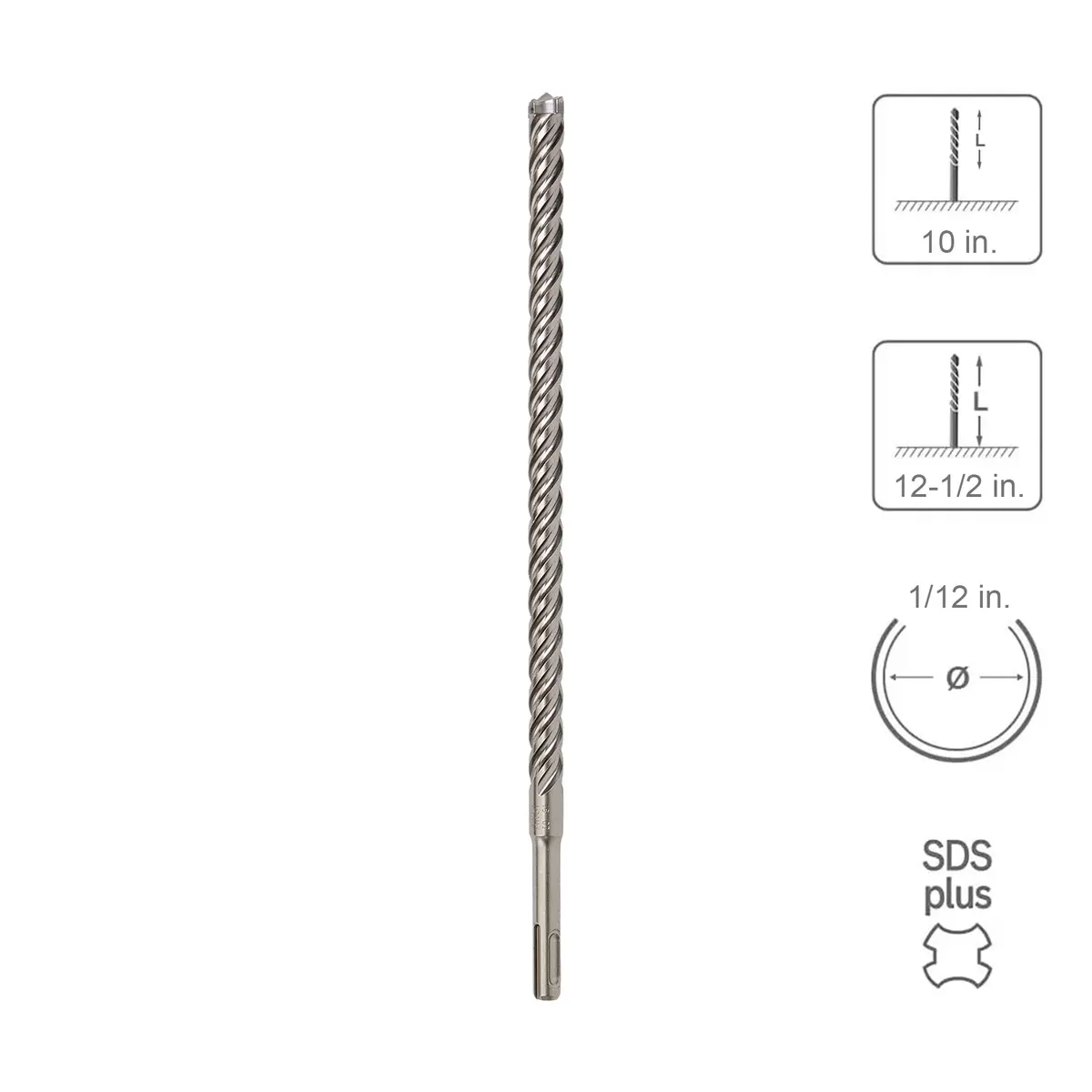 Sabercut 1/2 In. X 10 In. X 12-1/2 In. 4-Cutter Premium Full Head Carbide Sds Plus Drill Bit 1