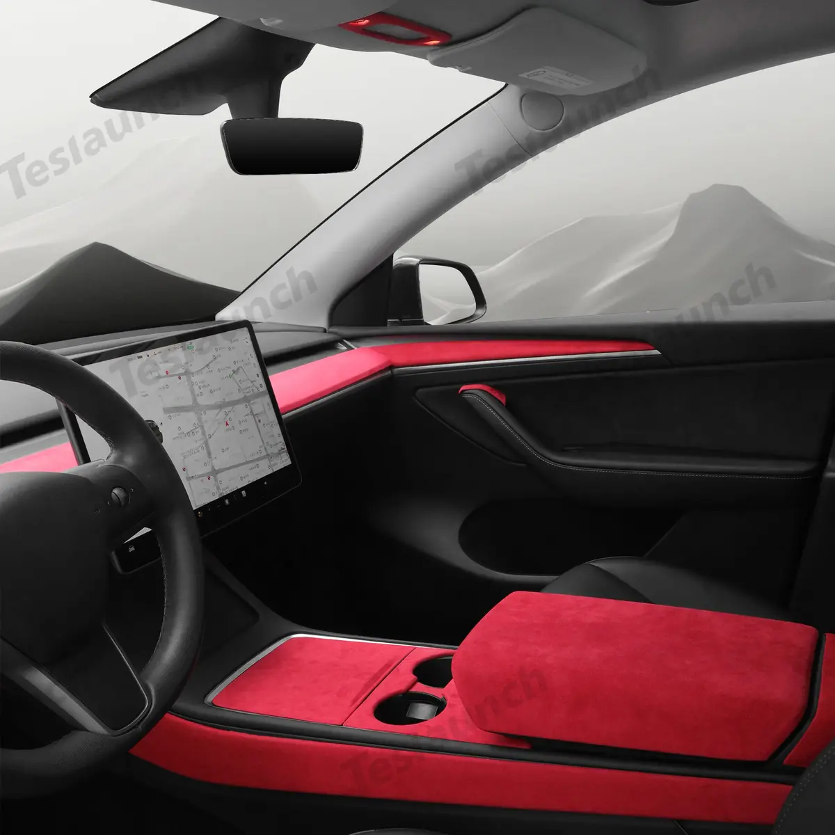 Red Alcantara Wrap Kit Interior Accessories For 2021-2023 Model 3 And Model Y 1