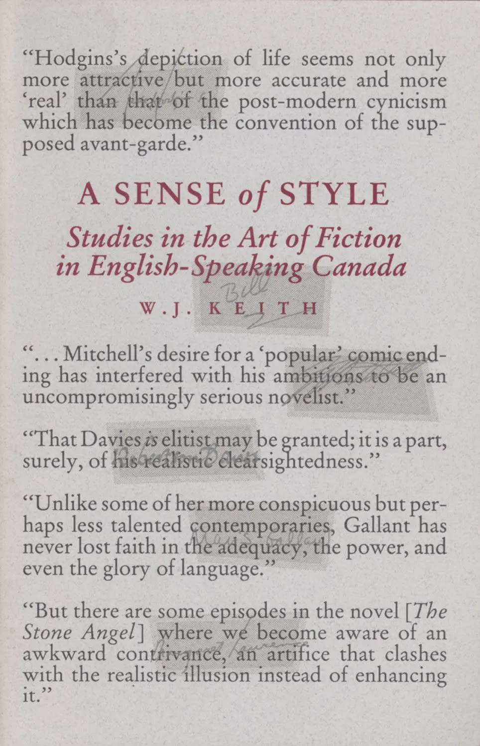 Sense Of Style: Studies In The Art Of Fiction In English-Speaking Canada 1