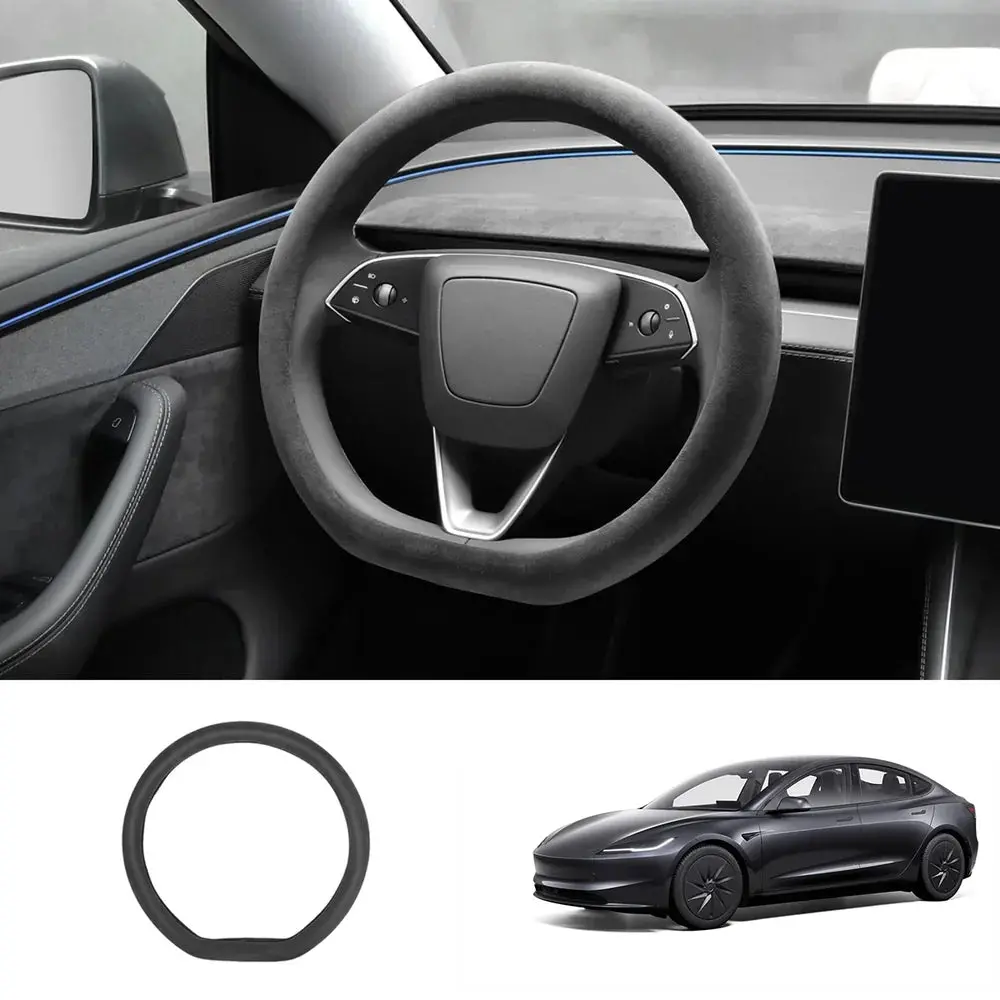 Alcantara Steering Wheel Cover (Hand Stitch, Half-Open, One-Piece) For Tesla Model 3 Highland Standard 2025+ 1