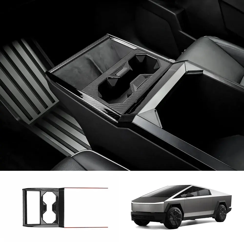 [Real Carbon Fiber] Center Console Cup Holder Panel Trim Cover For Cybertruck 1
