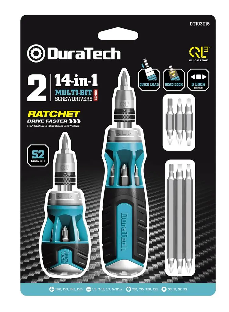 Duratech 2 Pack 14 In 1 Ratcheting Multi-Bit Stubby + Regular Quickload Screwdriver Set 1